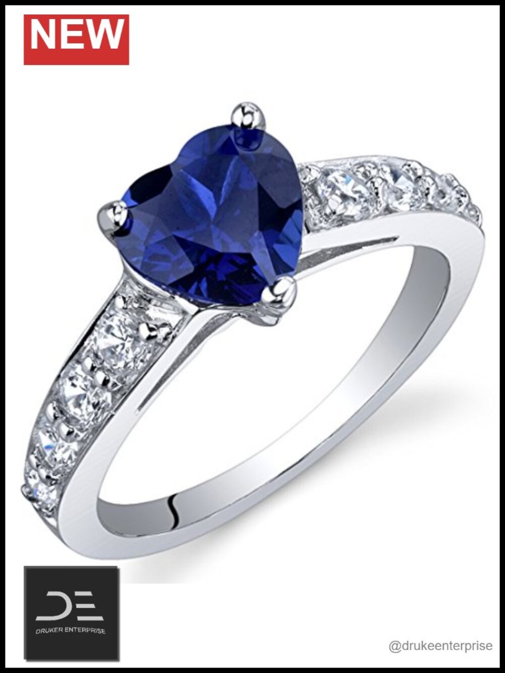 Created Blue Sapphire Heart Promise Ring Sterling Silver 1.75 Carats Size 5